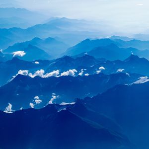 Preview wallpaper mountains, fog, aerial view, clouds, sky, blue