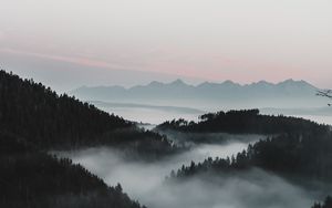 Preview wallpaper mountains, fog, aerial view, forest, dusk