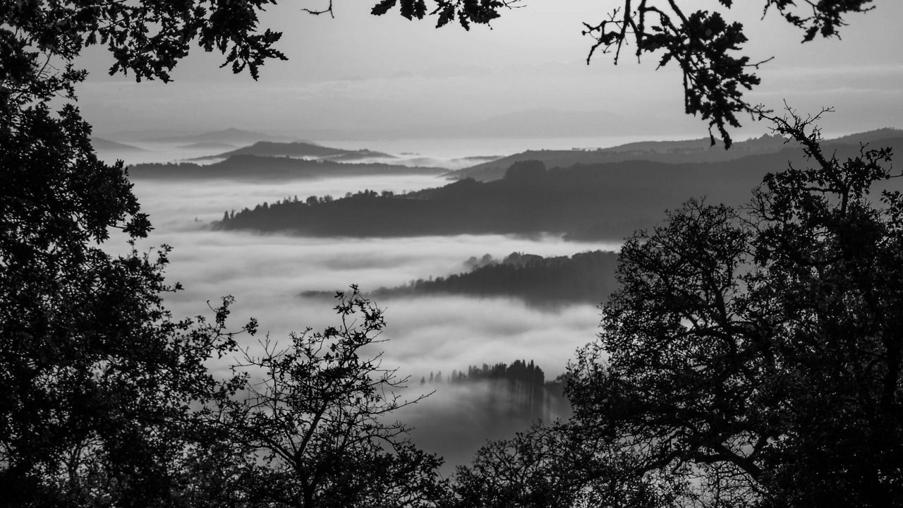 Wallpaper mountains, fog, bw, landscape