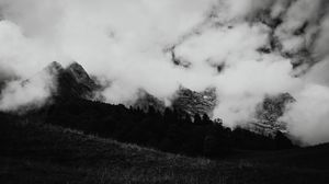 Preview wallpaper mountains, fog, bw, rocks, clouds