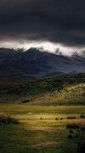 Preview wallpaper mountains, fog, clouds, top, grass, landscape