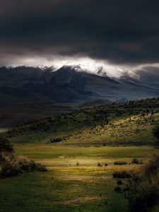Preview wallpaper mountains, fog, clouds, top, grass, landscape