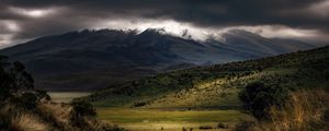 Preview wallpaper mountains, fog, clouds, top, grass, landscape