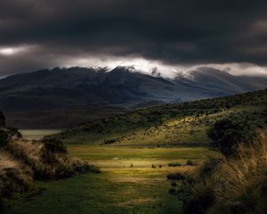 Preview wallpaper mountains, fog, clouds, top, grass, landscape