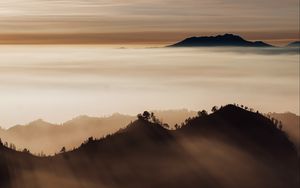 Preview wallpaper mountains, fog, clouds, peaks, indonesia