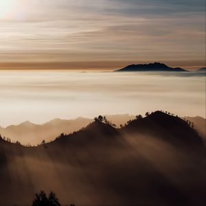 Preview wallpaper mountains, fog, clouds, peaks, indonesia