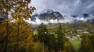 Preview wallpaper mountains, fog, clouds, trees, nature