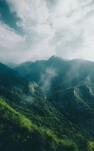 Preview wallpaper mountains, fog, clouds, trees, aerial view