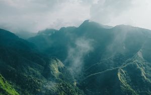 Preview wallpaper mountains, fog, clouds, trees, aerial view