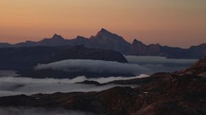 Preview wallpaper mountains, fog, clouds, dusk, landscape