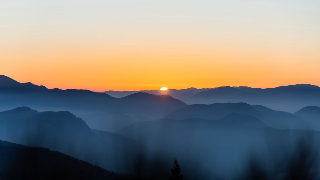 Wallpaper mountains, fog, dawn, dusk, landscape