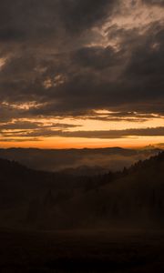 Preview wallpaper mountains, fog, dusk, sunset, clouds, aerial view