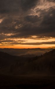 Preview wallpaper mountains, fog, dusk, sunset, clouds, aerial view