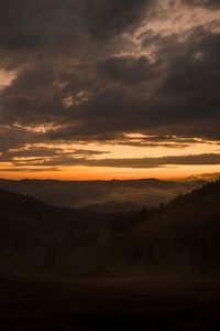 Preview wallpaper mountains, fog, dusk, sunset, clouds, aerial view