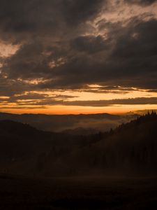 Preview wallpaper mountains, fog, dusk, sunset, clouds, aerial view