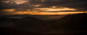 Preview wallpaper mountains, fog, dusk, sunset, clouds, aerial view