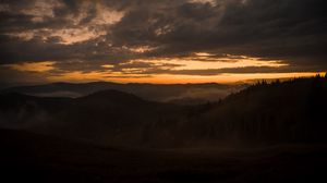 Preview wallpaper mountains, fog, dusk, sunset, clouds, aerial view