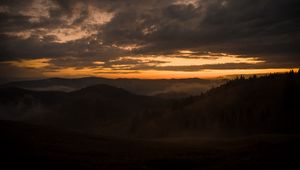 Preview wallpaper mountains, fog, dusk, sunset, clouds, aerial view