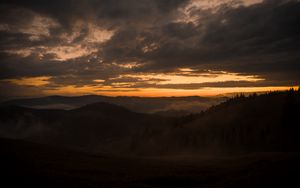 Preview wallpaper mountains, fog, dusk, sunset, clouds, aerial view