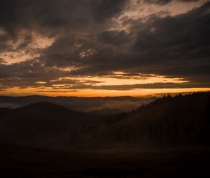 Preview wallpaper mountains, fog, dusk, sunset, clouds, aerial view