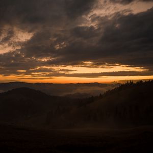 Preview wallpaper mountains, fog, dusk, sunset, clouds, aerial view