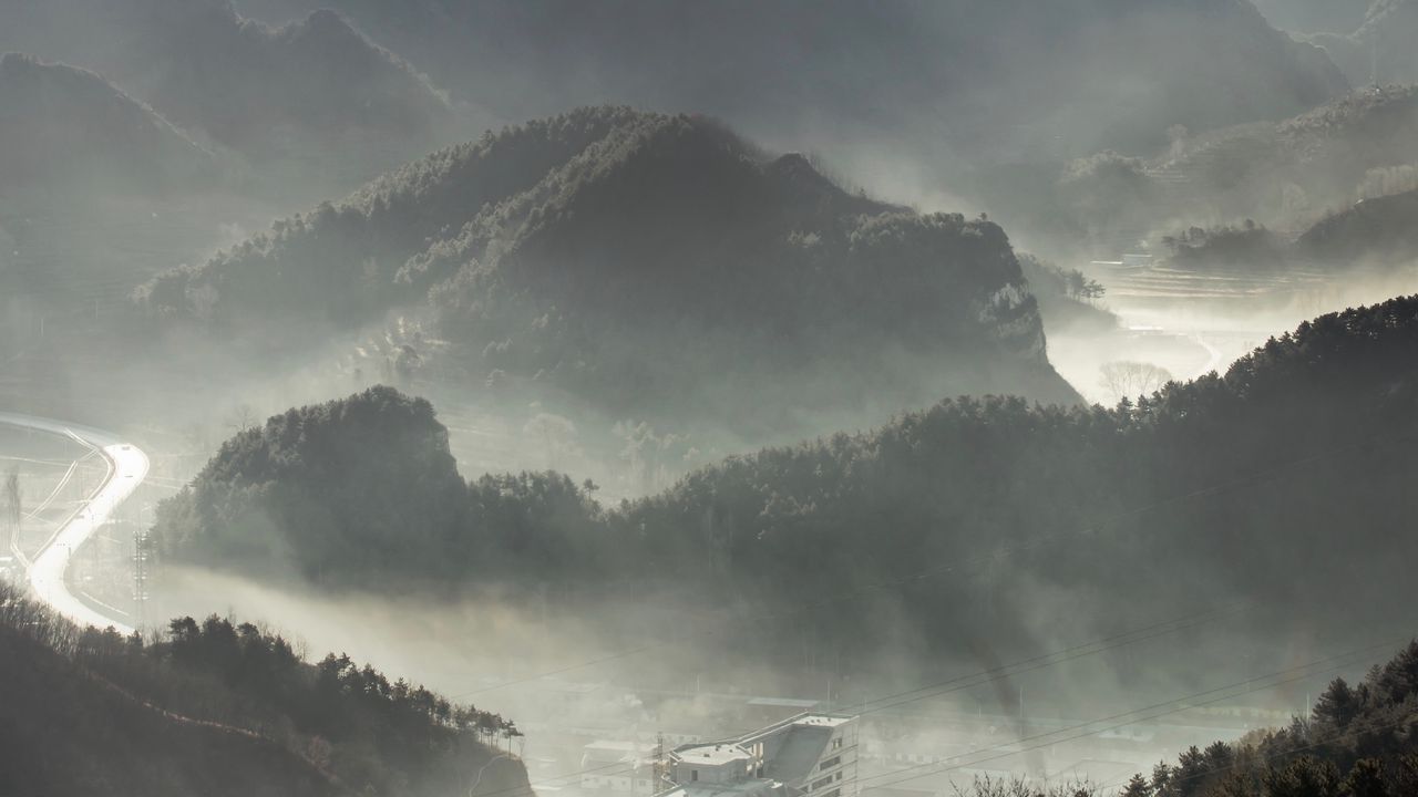 Wallpaper mountains, fog, forest, aerial view