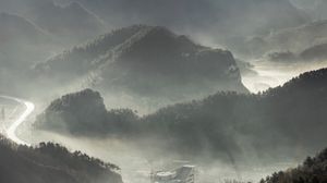 Preview wallpaper mountains, fog, forest, aerial view