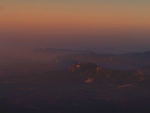 Preview wallpaper mountains, fog, height, dusk, moon