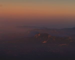 Preview wallpaper mountains, fog, height, dusk, moon