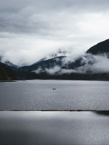 Preview wallpaper mountains, fog, lake, water, bw