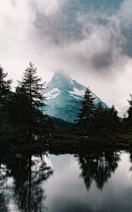 Preview wallpaper mountains, fog, lake, trees, spruce, snowy