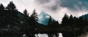 Preview wallpaper mountains, fog, lake, trees, spruce, snowy