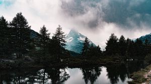 Preview wallpaper mountains, fog, lake, trees, spruce, snowy