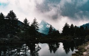 Preview wallpaper mountains, fog, lake, trees, spruce, snowy