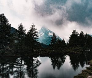 Preview wallpaper mountains, fog, lake, trees, spruce, snowy