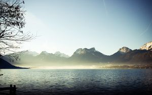 Preview wallpaper mountains, fog, lake, branches, silence