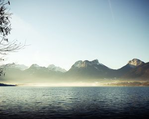 Preview wallpaper mountains, fog, lake, branches, silence