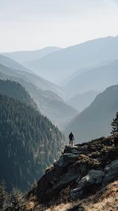 Preview wallpaper mountains, fog, man, rock, nature