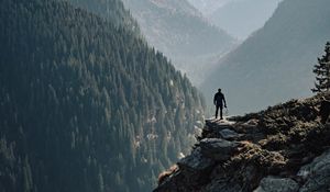 Preview wallpaper mountains, fog, man, rock, nature