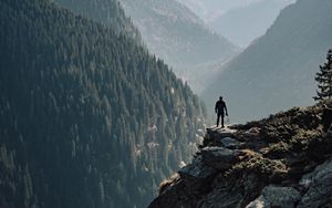 Preview wallpaper mountains, fog, man, rock, nature