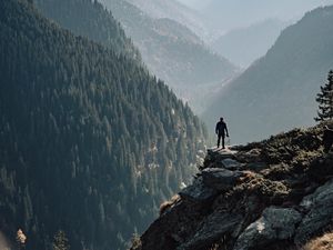 Preview wallpaper mountains, fog, man, rock, nature