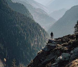 Preview wallpaper mountains, fog, man, rock, nature