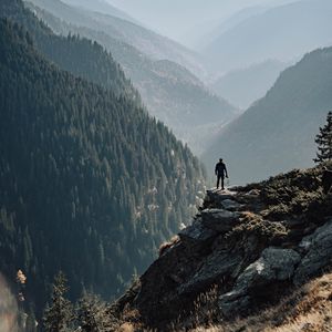 Preview wallpaper mountains, fog, man, rock, nature