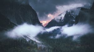 Preview wallpaper mountains, fog, night, sky, grass, dark