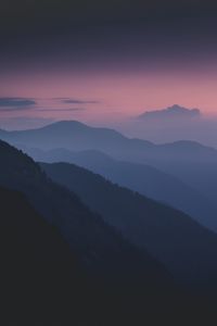 Preview wallpaper mountains, fog, night, dark, trees, slopes