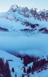 Preview wallpaper mountains, fog, peak, snow, snowy, twilight