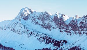 Preview wallpaper mountains, fog, peak, snow, snowy, twilight