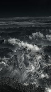 Preview wallpaper mountains, fog, peaks, clouds, gray