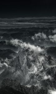 Preview wallpaper mountains, fog, peaks, clouds, gray
