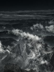 Preview wallpaper mountains, fog, peaks, clouds, gray